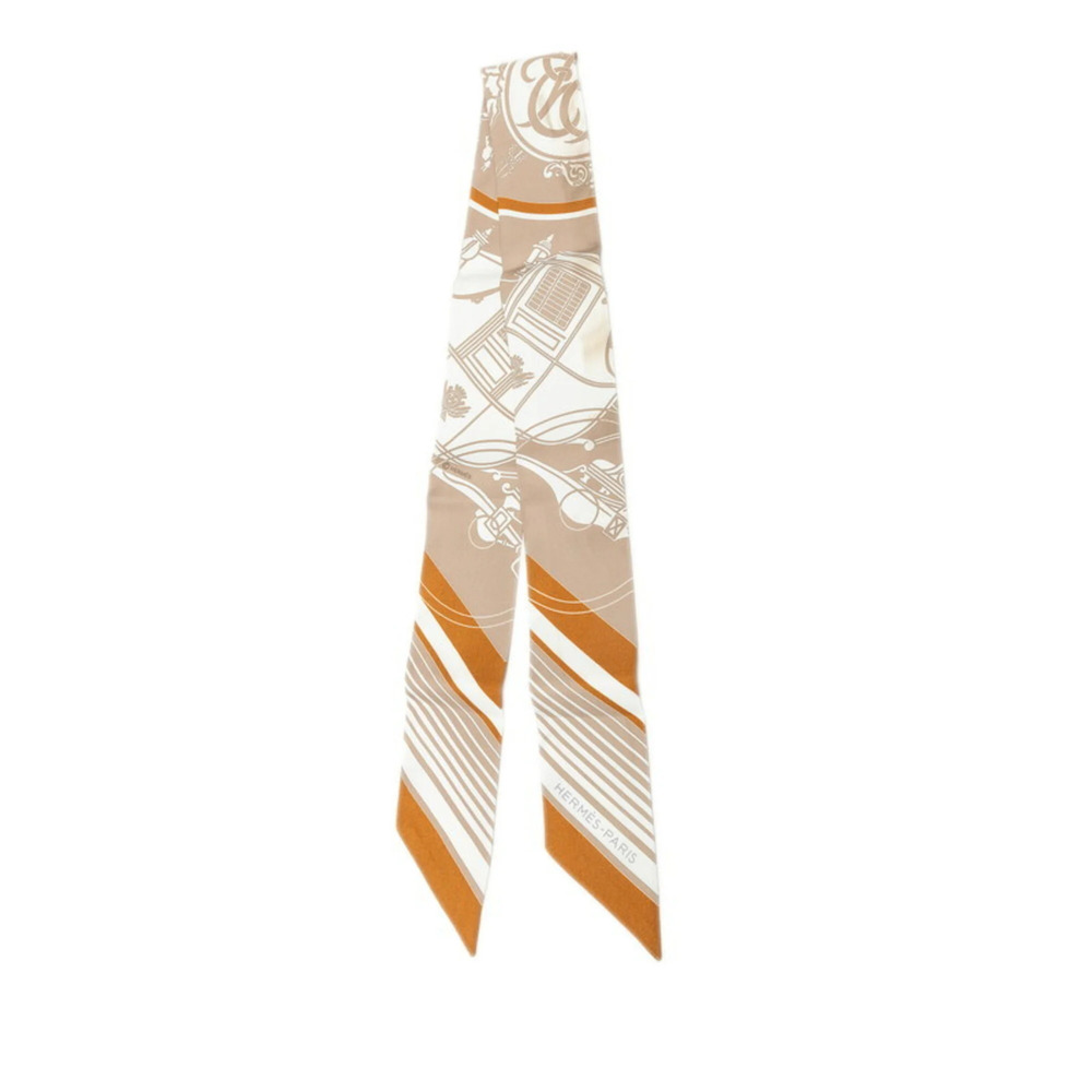 Hermes Twilly Ex-Libris Narrow Scarf, Beige Silk, Women's